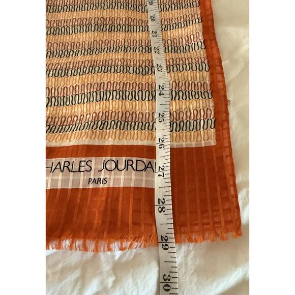 Vintage Charles Jourdan Sheer Orange Yellow Black Raw Edge Silk Scarf Geometric - Picture 4 of 5